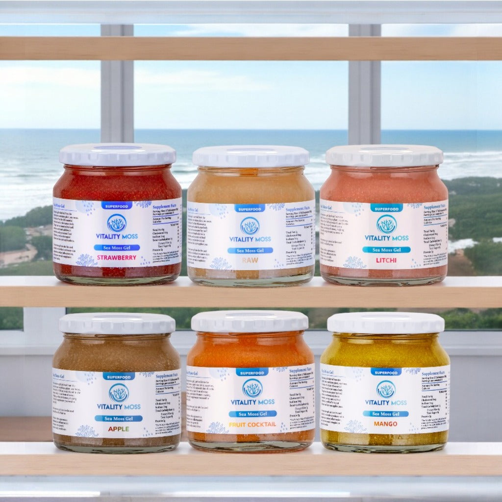 Vitality Moss sea moss gels with beack background