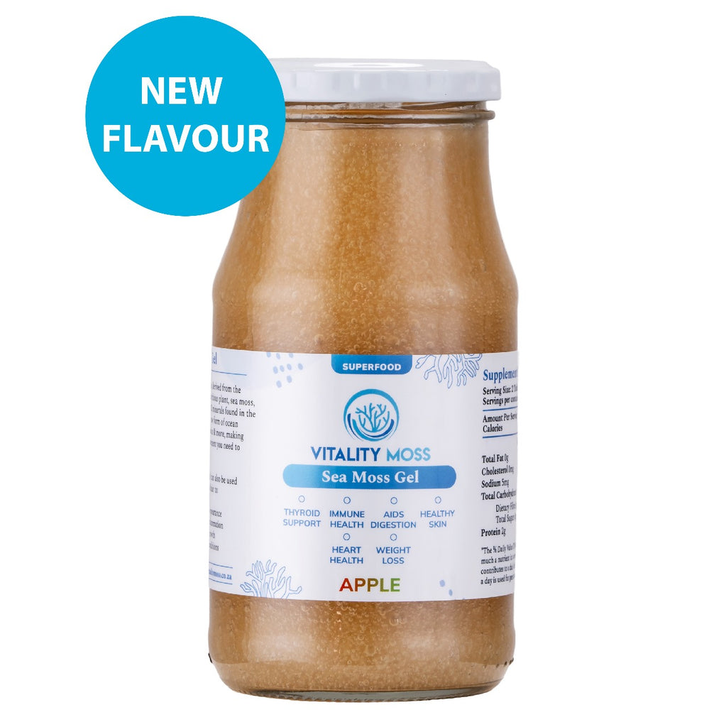 Jar of Vitality Moss Sea Moss Gel with a blue label and 'New Flavour' text on a white background