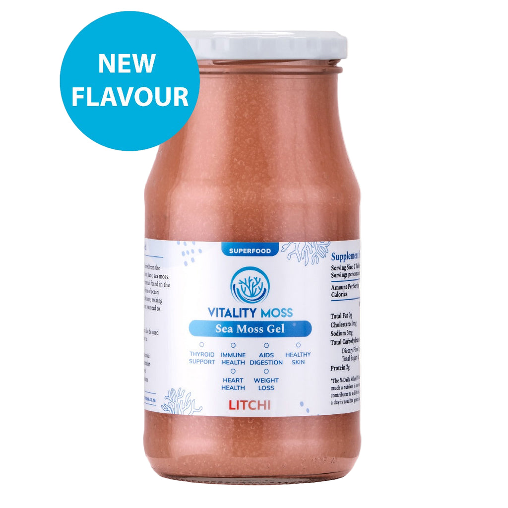 Jar of Vitality Moss Sea Moss Gel with a blue label and 'NEW FLAVOUR' badge on a white background