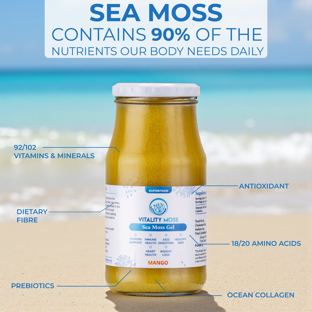 Jar of mango sea moss gel with nutritional information on a beach background