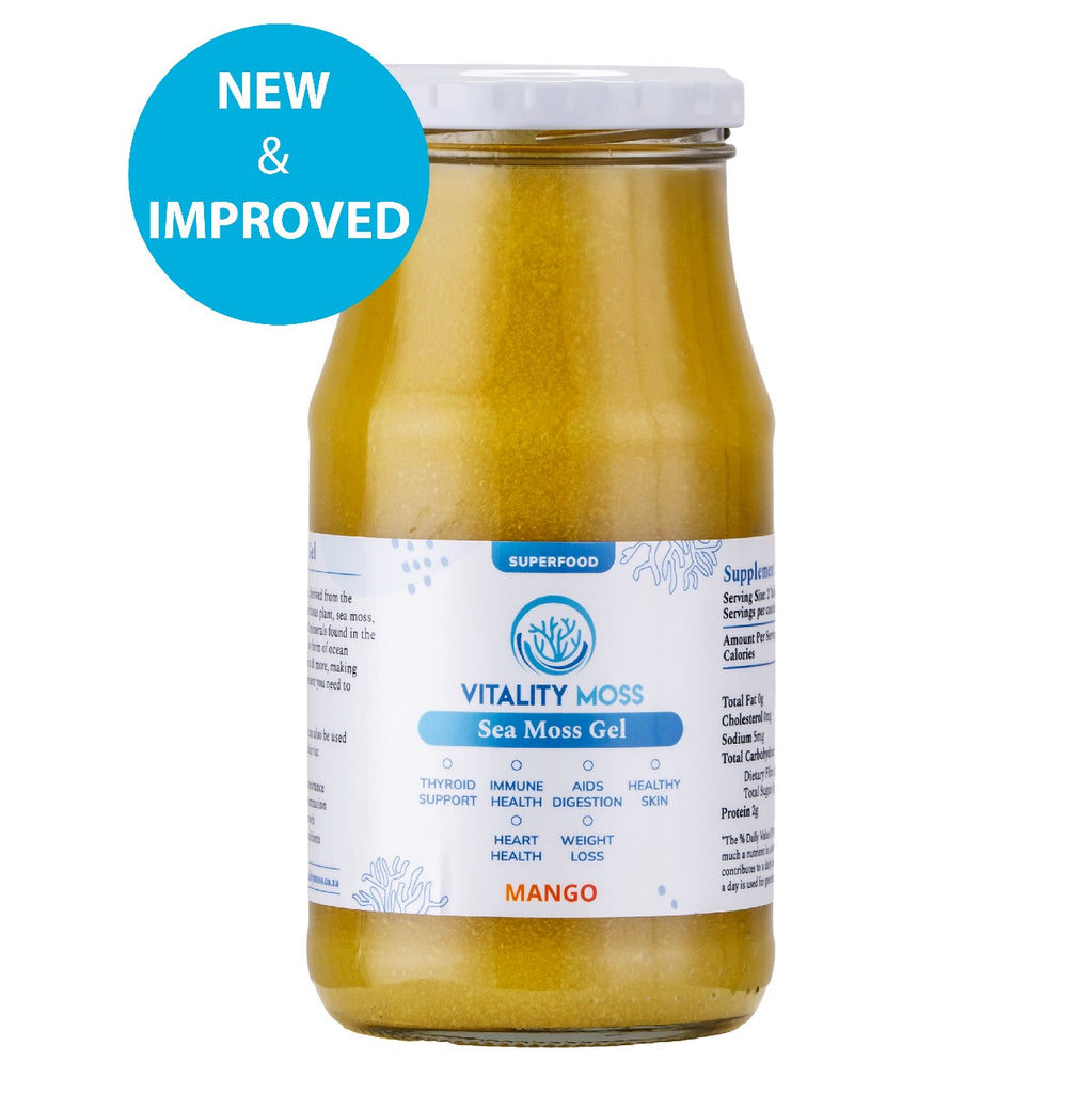 Jar of Vitality Moss Sea Moss Gel with a Mango flavor on a white background