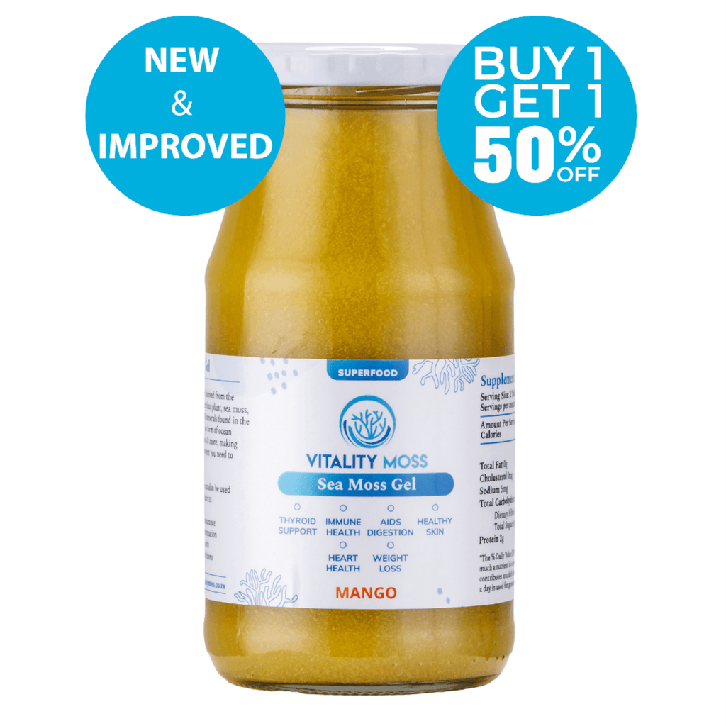Jar of Vitality Moss Mango Sea Moss Gel with promotional text on a white background