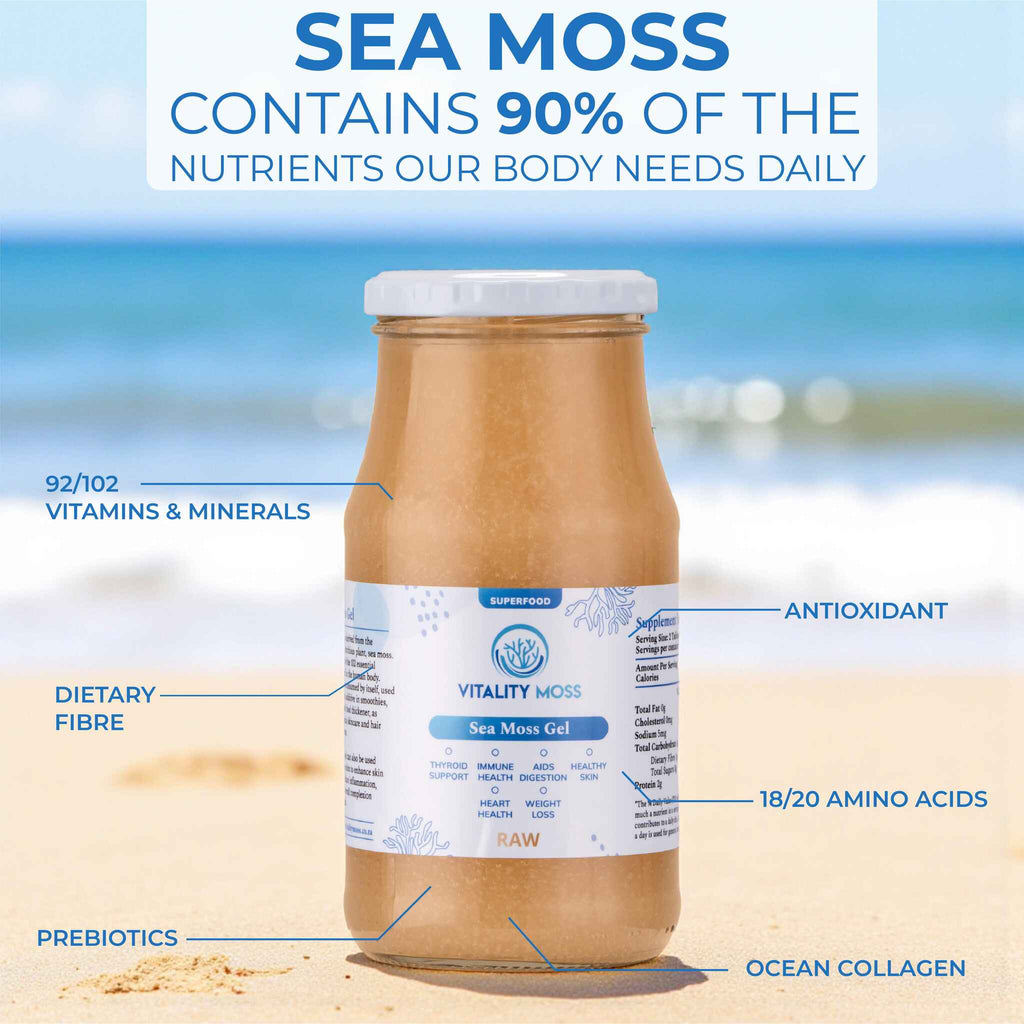 Bottle of sea moss gel with nutritional benefits text on a beach background