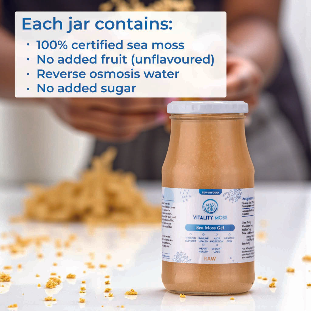 Jar of sea moss gel with label detailing contents with kitchen background