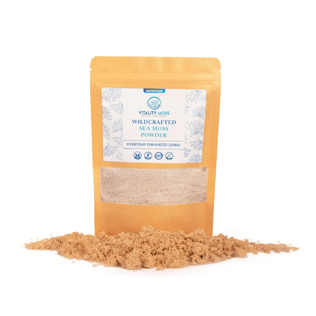 Vitality Moss sea moss powder on beach sand 