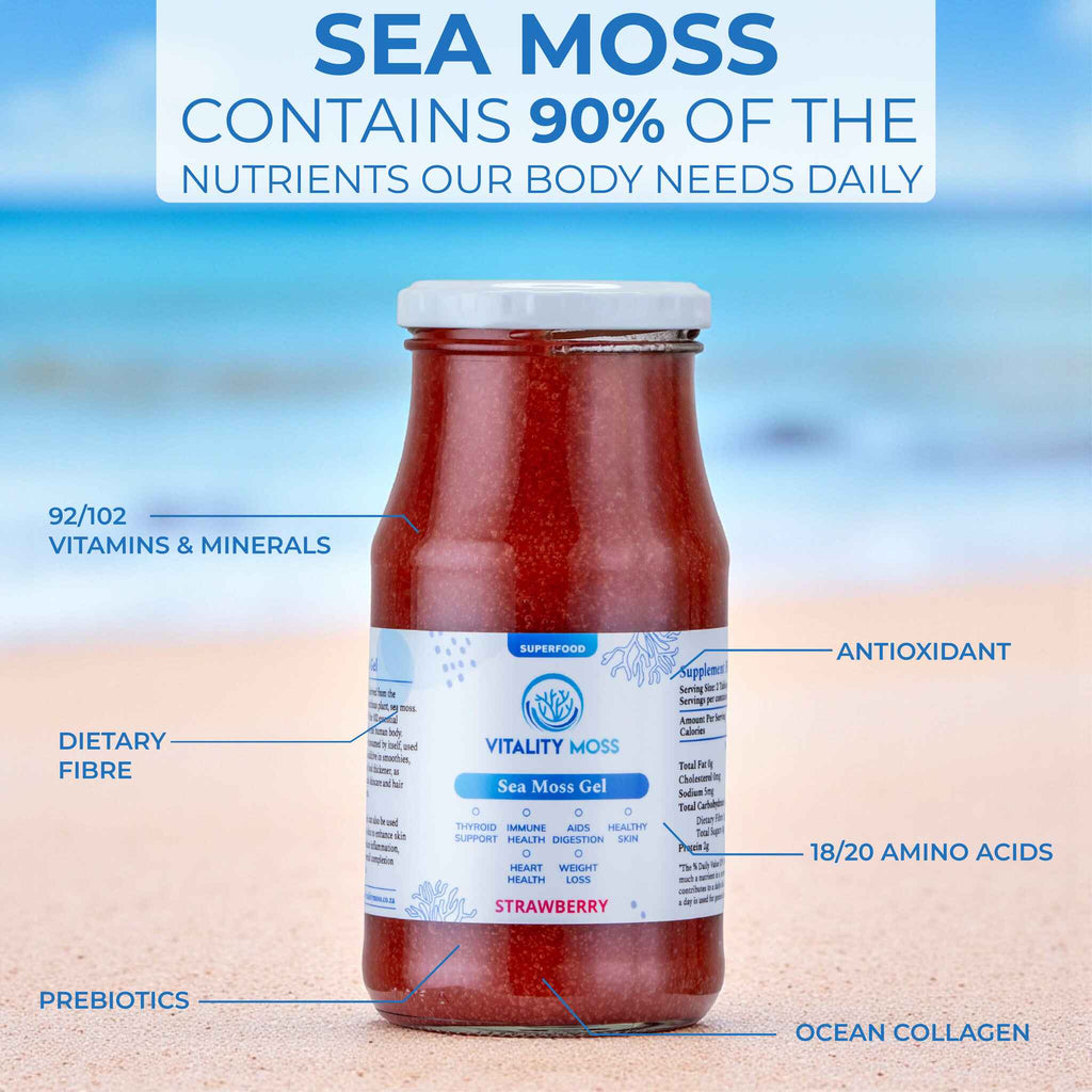 Bottle of Strawberry Sea Moss Gel with nutritional benefits text on a beach background