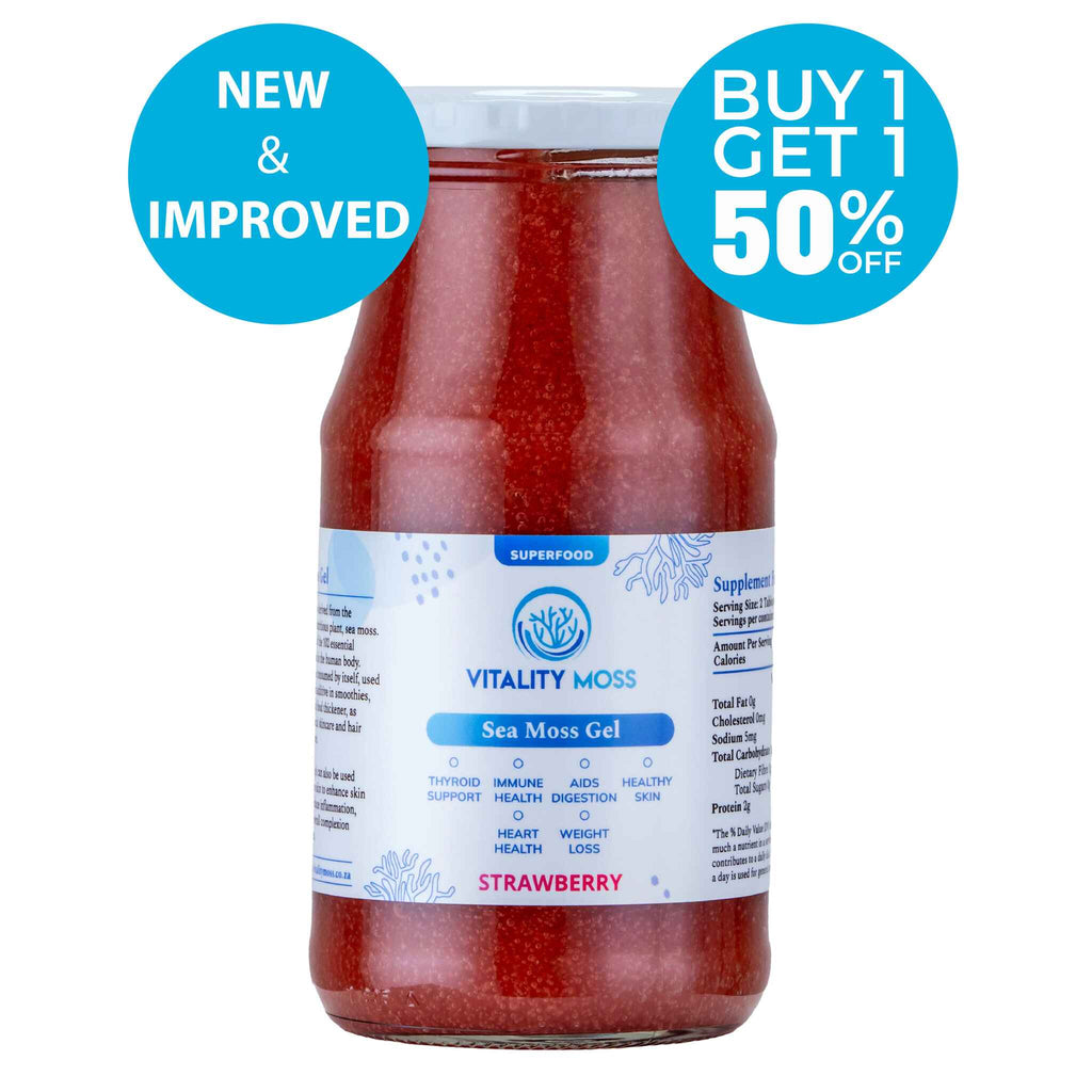 Jar of Strawberry Sea Moss Gel with 'New & Improved' and 'Buy 1 Get 1 50% Off' labels on a white background.